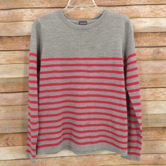 Patagonia Gray/Red Stripe Merino Wool Sweater Women's L - Picture 1 of 14